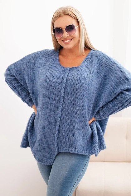 Sweter Plus Size Jeansowy – Rękaw 3/4, Dzianina Oversize, Włoska Produkcja
