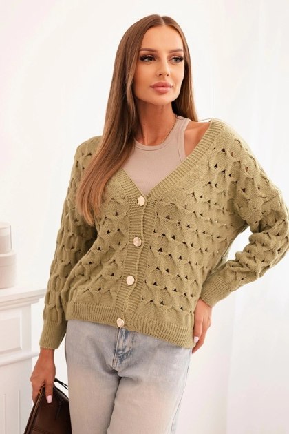 Sweter Damski Ażurowy z Dekoltem V i Złotymi Guzikami – Oliwkowy – Italy Moda