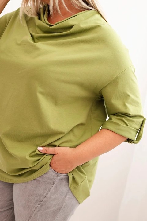 Bluzka damska Plus Size z bawełną o luźnym kroju z dekoltem wodnym fango oliwkowa Bluzka damska Plus Size z bawełną o luźnym kroju z dekoltem wodnym fango oliwkowa