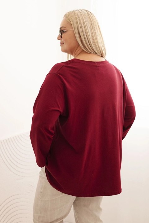 Bluzka damska plus size z bawełną z długim rękawem i marszczeniem bordowa Bluzka damska plus size z bawełną z długim rękawem i marszczeniem bordowa