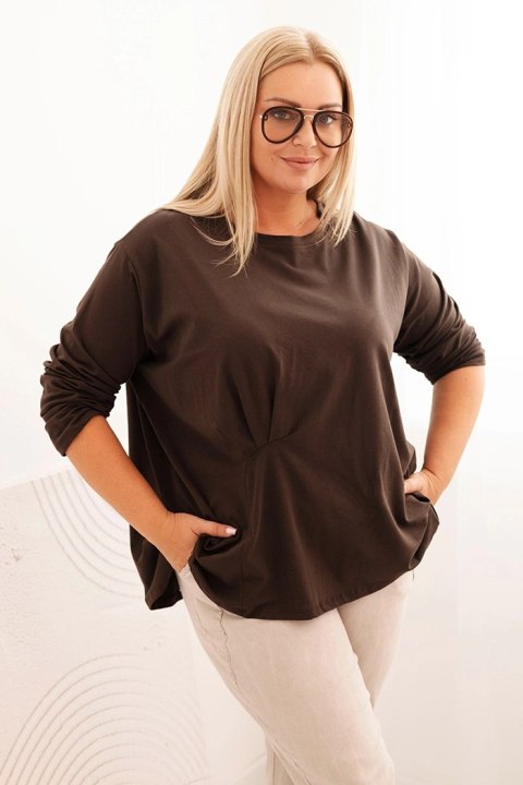 Bluzka damska plus size z bawełną z długim rękawem i marszczeniem brązowa Bluzka damska plus size z bawełną z długim rękawem i marszczeniem brązowa