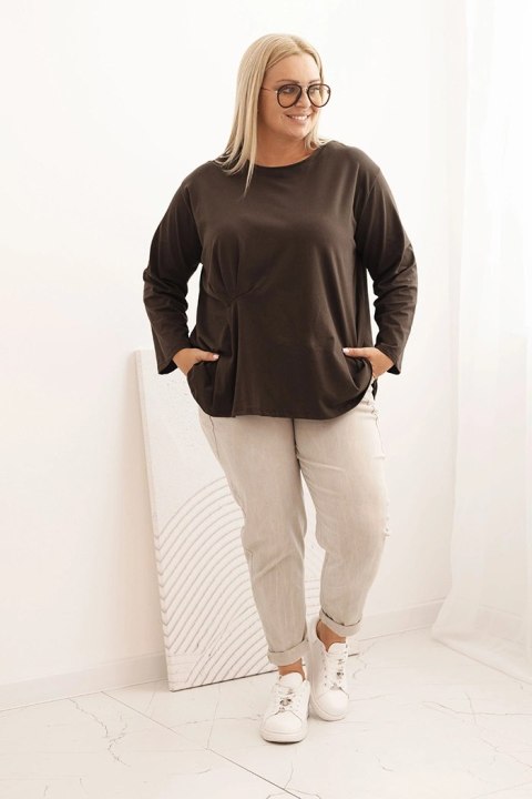 Bluzka damska plus size z bawełną z długim rękawem i marszczeniem brązowa Bluzka damska plus size z bawełną z długim rękawem i marszczeniem brązowa