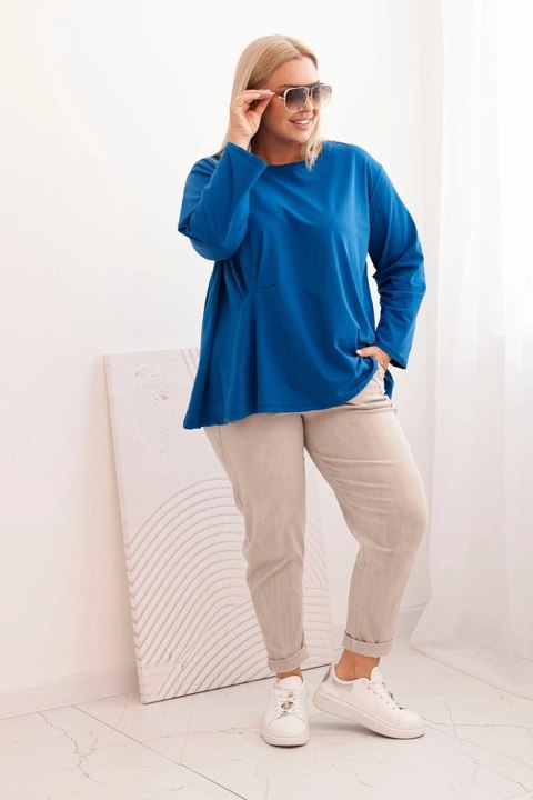 Bluzka damska plus size z bawełną z długim rękawem i marszczeniem chabrowa Bluzka damska plus size z bawełną z długim rękawem i marszczeniem chabrowa