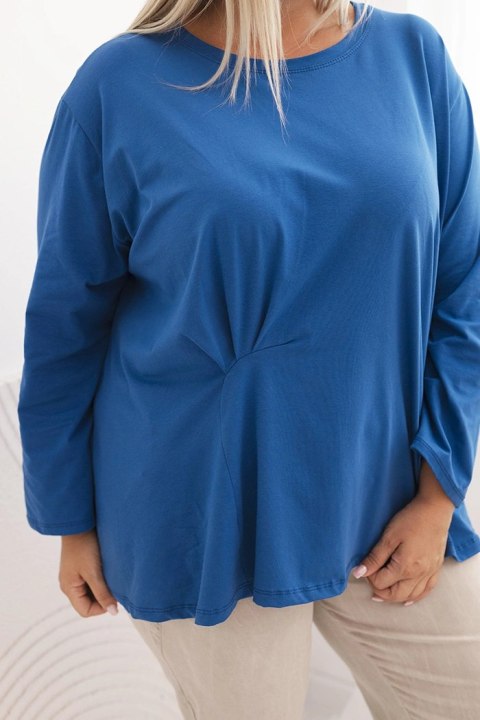 Bluzka damska plus size z bawełną z długim rękawem i marszczeniem chabrowa Bluzka damska plus size z bawełną z długim rękawem i marszczeniem chabrowa