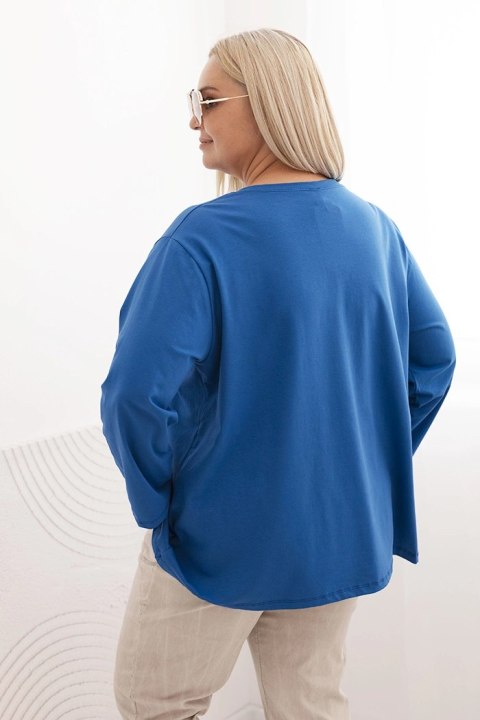 Bluzka damska plus size z bawełną z długim rękawem i marszczeniem chabrowa Bluzka damska plus size z bawełną z długim rękawem i marszczeniem chabrowa