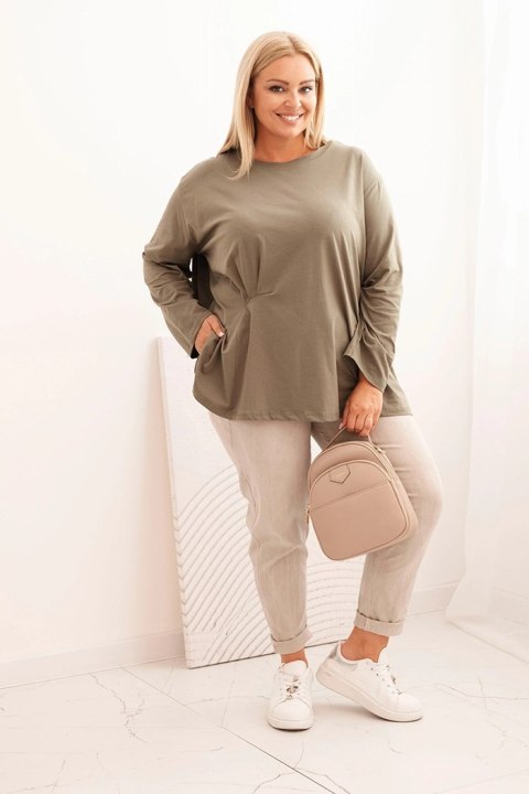 Bluzka damska plus size z bawełną z długim rękawem i marszczeniem khaki Bluzka damska plus size z bawełną z długim rękawem i marszczeniem khaki
