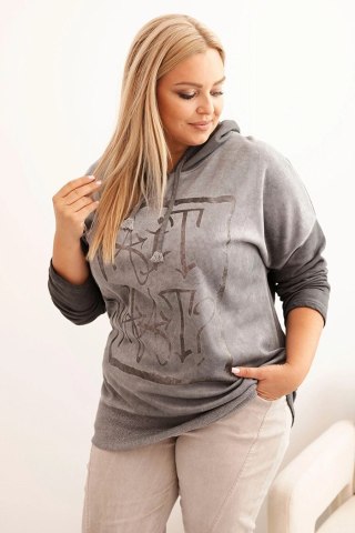 Bluza damska Plus Size dekatyzowana z kapturem i nadrukiem grafitowa
