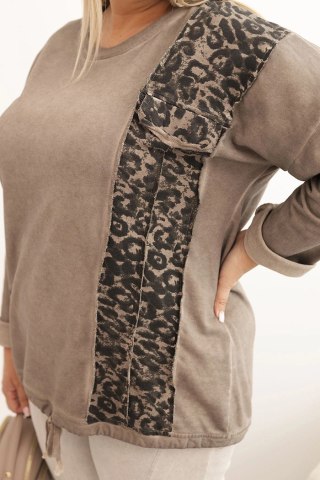Bluza damska Plus Size z bawełną z lampasem panterka i troczkiem fango