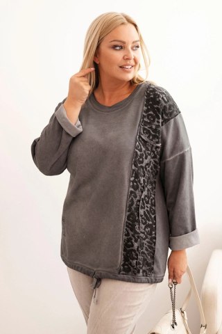 Bluza damska Plus Size z bawełną z lampasem panterka i troczkiem grafitowa