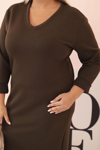 Sukienka damska Plus Size masełkowa z dekoltem V i rękawem brązowa