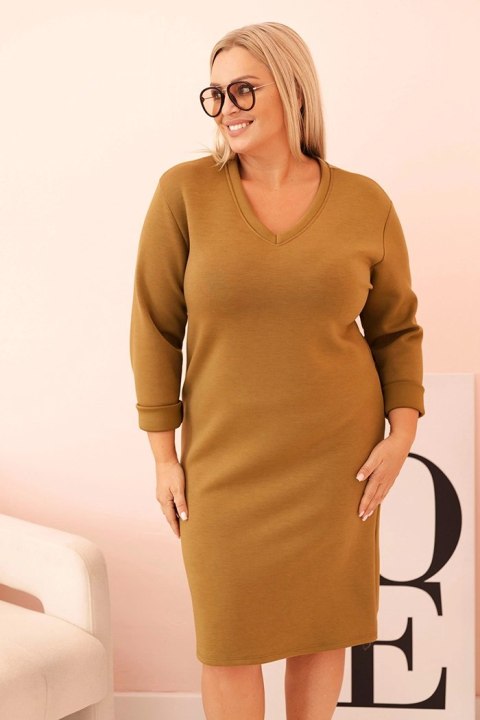 Sukienka damska Plus Size masełkowa z dekoltem V i rękawem oliwkowa