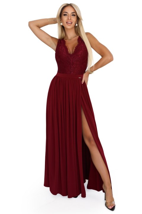 211-8 LEA długa suknia z koronkowym dekoltem i rozcięciem na nogę - bordowa - S