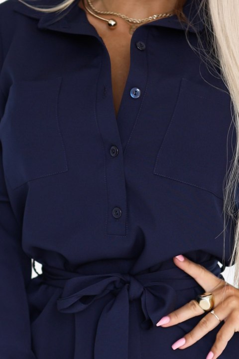 284-4 CAMILLE Koszulowa sukienka szmizjerka z kieszeniami i wiązaniem - granatowa - XL