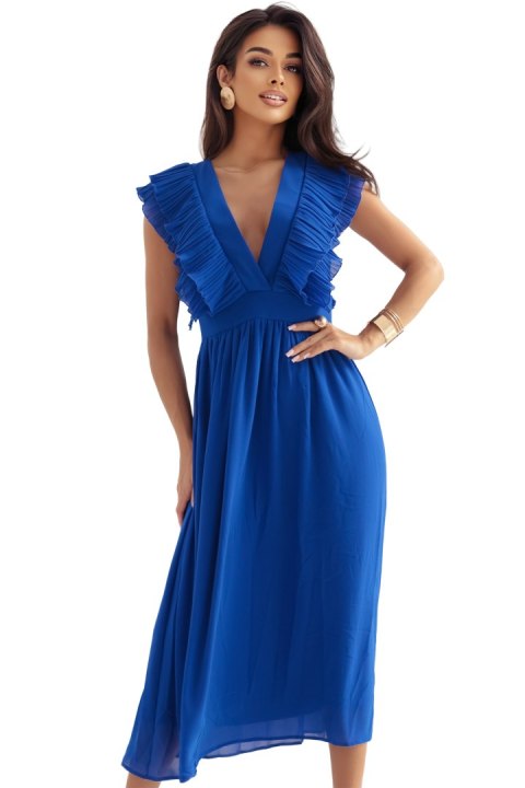 367-3 YANA Sukienka midi z plisowanymi falbankami i dekoltem - kolor chabrowy - M