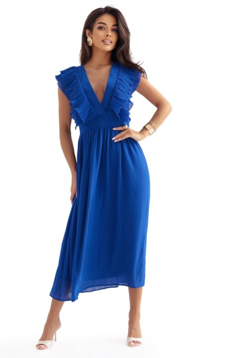 367-3 YANA Sukienka midi z plisowanymi falbankami i dekoltem - kolor chabrowy - M