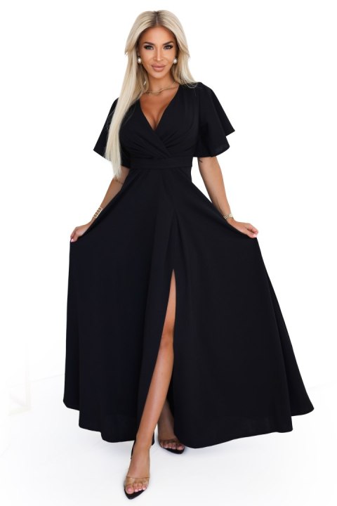 581-7 JENNIFER długa suknia z rozcięciem na nogę, rękawkiem i dekoltem - czarna - L