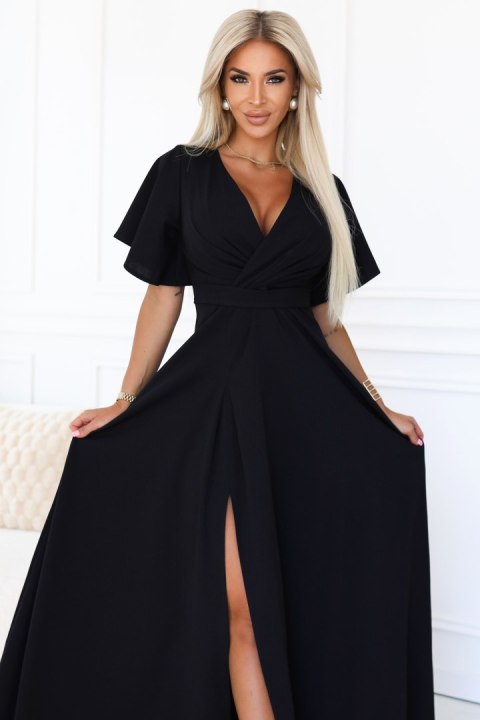 581-7 JENNIFER długa suknia z rozcięciem na nogę, rękawkiem i dekoltem - czarna - XXL