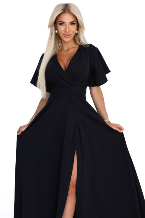 581-7 JENNIFER długa suknia z rozcięciem na nogę, rękawkiem i dekoltem - czarna - M