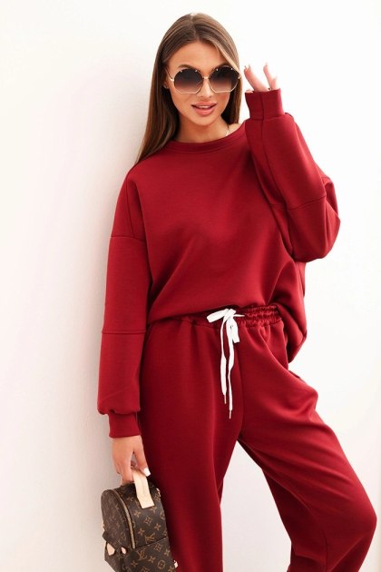 Komplet damski bordowy LOVE – bluza oversize i spodnie z elastycznym pasem
