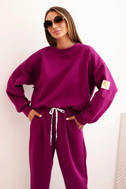 Komplet damski ciemny fioletowy LOVE – bluza oversize i spodnie z elastycznym pasem