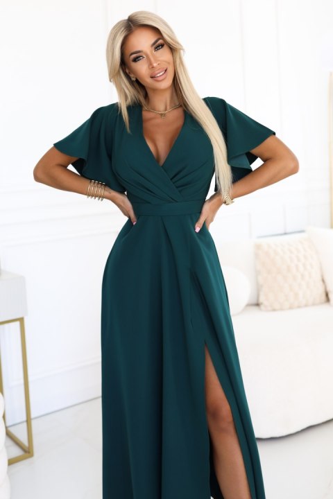 581-8 JENNIFER długa suknia z rozcięciem na nogę, rękawkiem i dekoltem - zieleń butelkowa - XL