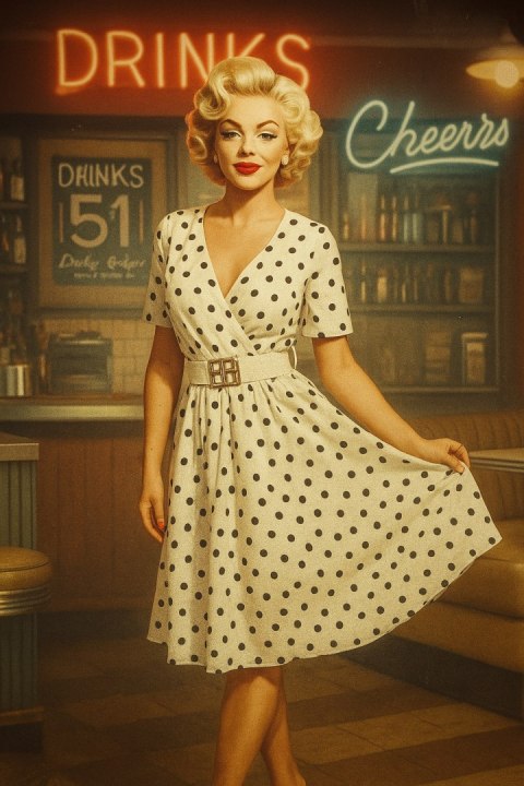 Biała sukienka w czarne groszki z kopertowym dekoltem i paskiem, rozkloszowany fason, styl Marilyn Monroe