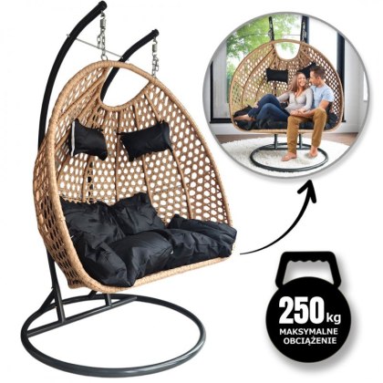 Fotel wiszący kokon dwuosobowy KR34 z technorattanu, udźwig 250 kg, z poduszkami