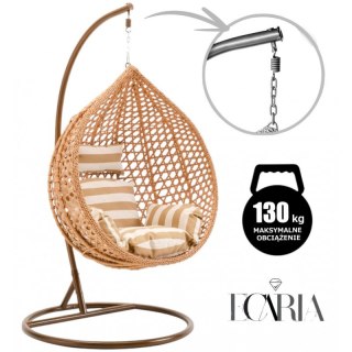Fotel wiszący kokon KR28 z technorattanu, udźwig 130 kg, jasny brąz, z poduszkami w pasy