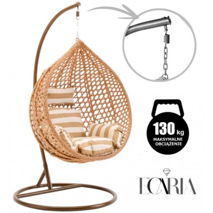Fotel wiszący kokon KR28 z technorattanu, udźwig 130 kg, jasny brąz, z poduszkami w pasy