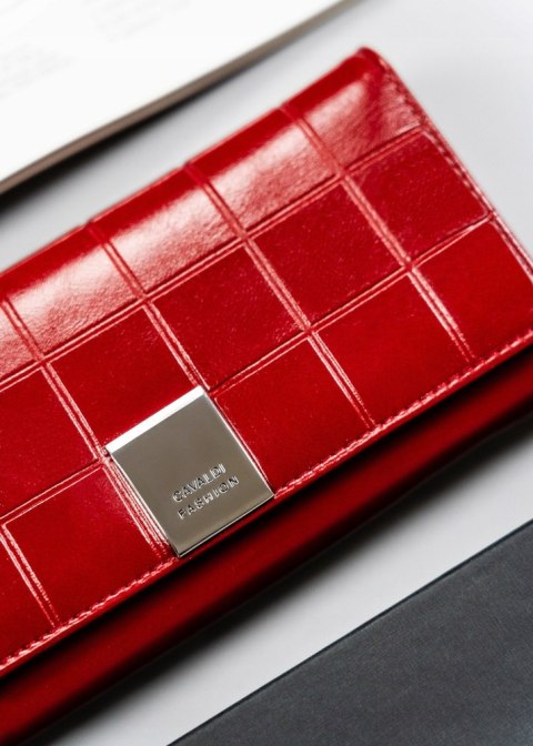 Czerwony portfel damski 4U Cavaldi z tłoczonym wzorem w kratkę, skóra naturalna i ekologiczna, ochrona RFID