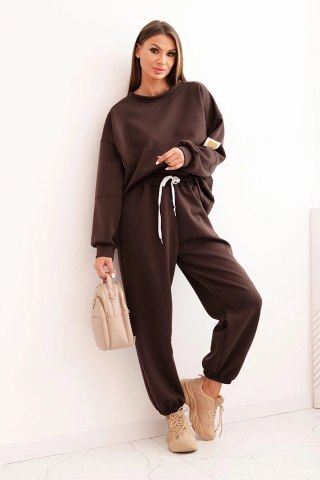 Komplet damski brązowy LOVE – luźna bluza oversize i spodnie z troczkiem