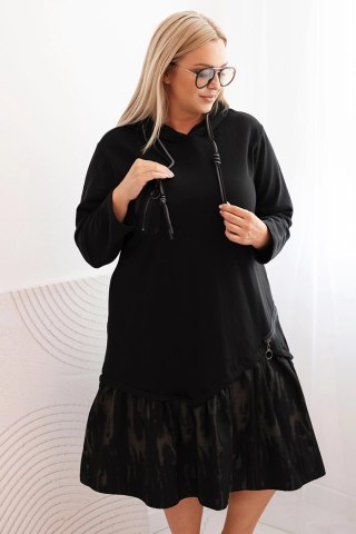 Sukienka damska Plus Size czarna z kapturem i falbaną – bawełna, włoska jakość