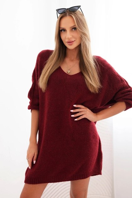 Sukienka damska oversize Plus Size z dekoltem V bordowa – wełniana, włoska