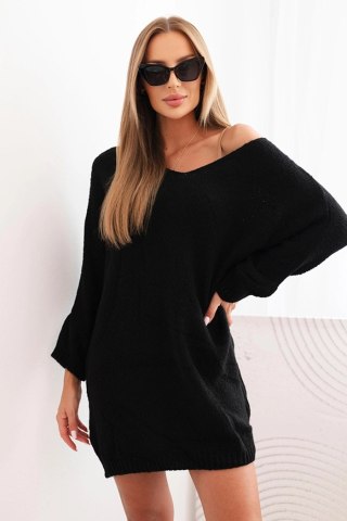 Sukienka damska oversize Plus Size z dekoltem V czarna – wełniana, włoska