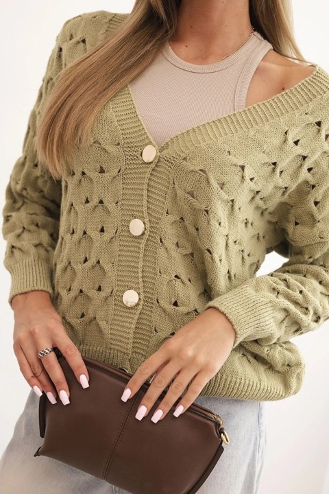 Sweter Damski Ażurowy z Dekoltem V i Złotymi Guzikami – Oliwkowy – Italy Moda