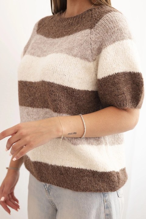 Sweter damski w pasy beżowo-brązowy z krótkim rękawem, włoska jakość, miękka dzianina z wełną