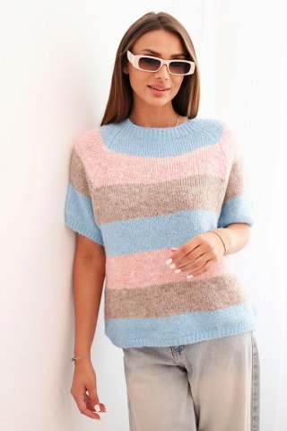 Sweter damski w pasy fango + niebieski z krótkim rękawem i wełną – Włoska moda
