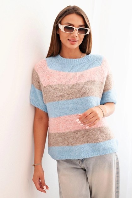 Sweter damski w pasy fango + niebieski z krótkim rękawem i wełną – Włoska moda