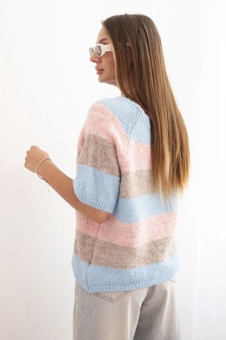 Sweter damski w pasy fango + niebieski z krótkim rękawem i wełną – Włoska moda