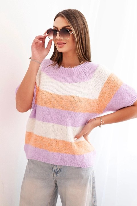 Sweter damski w pasy morelowy i fioletowy z krótkim rękawem z dodatkiem wełny