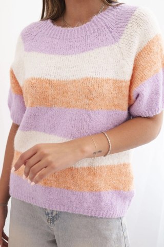 Sweter damski w pasy morelowy + fioletowy z krótkim rękawem i dodatkiem wełny – Włoska moda