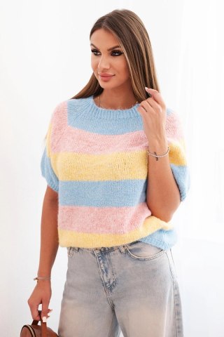 Sweter damski w pasy pastelowy żółty + niebieski z krótkim rękawem – Włoska jakość