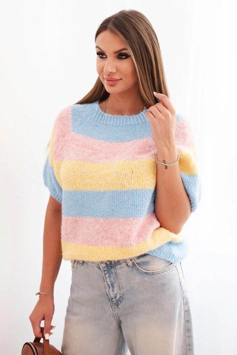 Sweter damski w pasy żółty i niebieski z krótkim rękawem z dodatkiem wełny