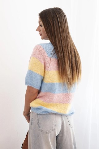 Sweter damski w pasy pastelowy żółty + niebieski z krótkim rękawem – Włoska jakość