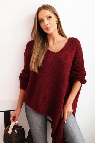 Sweter damski wełniany asymetryczny Plus Size z dekoltem V – bordowy, włoska produkcja