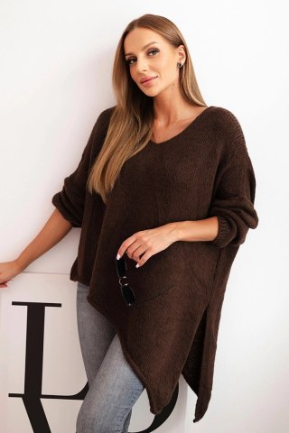 Sweter damski wełniany asymetryczny Plus Size z dekoltem V – brązowy, włoska produkcja