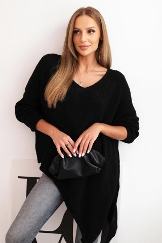 Sweter damski wełniany asymetryczny oversize z dekoltem V – czarny, włoska produkcja