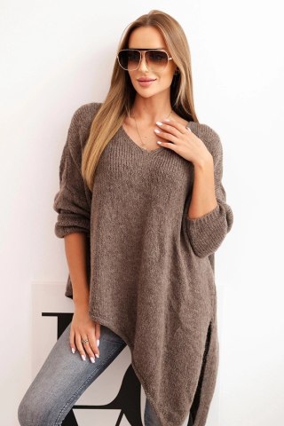Sweter damski wełniany asymetryczny Plus Size z dekoltem V – fango, włoska produkcja