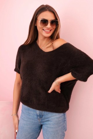 Sweter damski brązowy z miękkiego włosia i dekoltem V – krótki rękaw