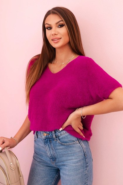 Sweter damski z miękkiego włosia ciemno fioletowy V-neck krótki rękaw